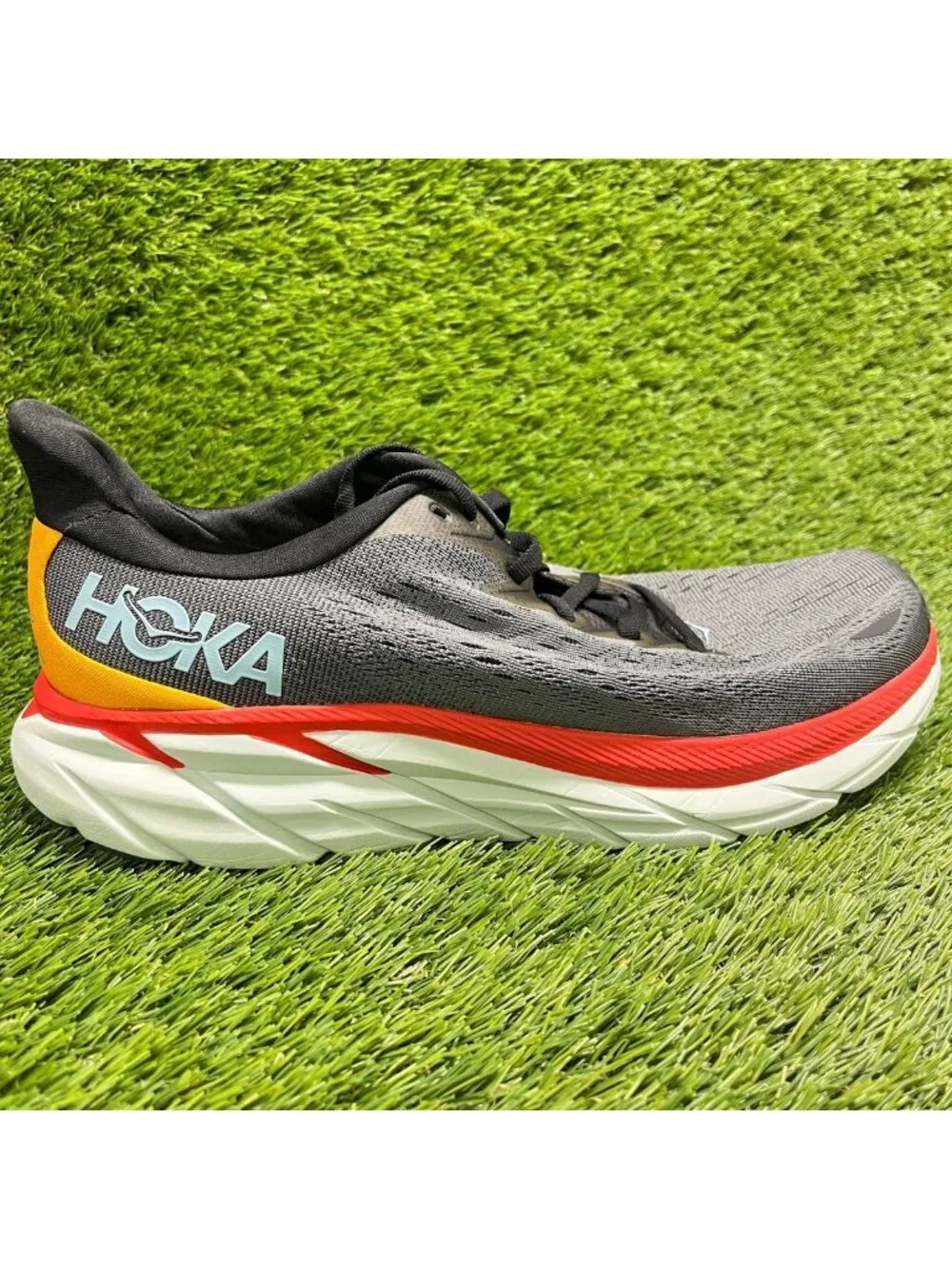 Hoka One One Clifton 8 Mens Size 10 Gray Red Athletic Running Shoes Sneakers